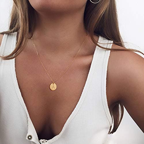 Valloey Rover 14K Gold Plated Women's Personalized Initial Necklace Round Coin Pendant