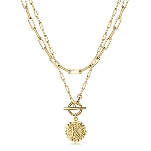 Turandoss Gold Plated Layered Necklace for Women Coin Initial Pendant