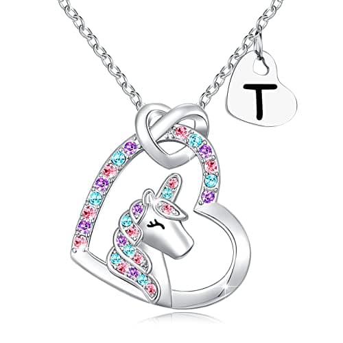 UNGENT THEM Silver Unicorn Initial Necklaces for Girls' Birthday Gifts