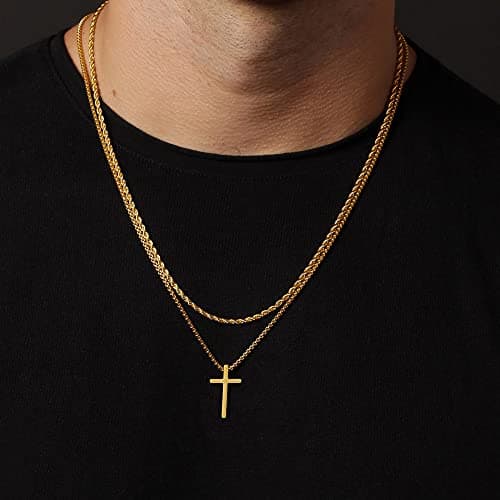 EnglishIVER Men's Gold Silver Black Stainless Steel Cross Necklace with Layered Rope Chain 16-24 Inch