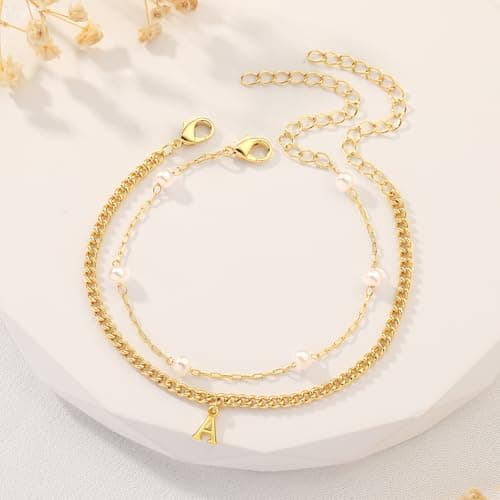 Bellino Gold Layered Pearl Braces for Women Tiny Links Jewelry