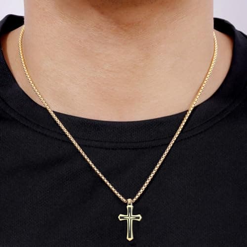 MOOSKI Mens Silver/Gold/Black Cross Necklace, 3mm Chain, Stainless Steel Pendant, Rolo Chain 22-24 Inch