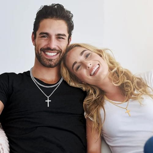 Fiusem 2 Pcs Layered Men's & Women's Cross Necklaces, Stainless Steel Pendant Chain 16-26 Inch