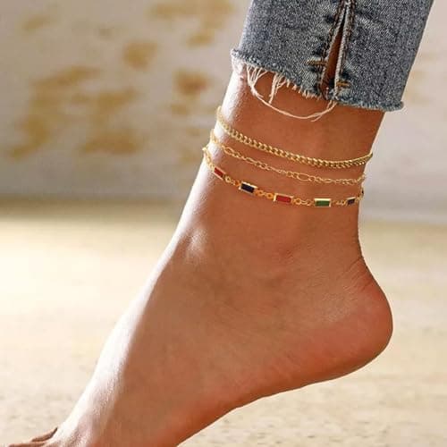 MIDEEO Women's 14K Gold Heart Herringbone Anklets Rhinestone Jewelry Gift
