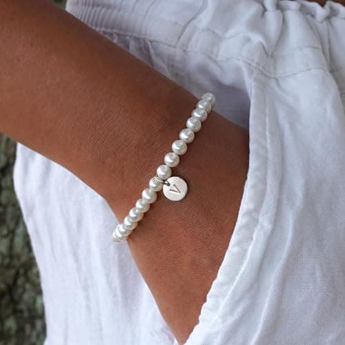 Ursteel Pearl Initial Bracelet - Dainty Gold Letter Beaded Jewelry for Women