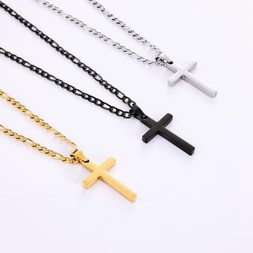 Fiusem Men's Stainless Steel Black Cross Necklace, 3.5mm Figaro Chain 16-24 Inches