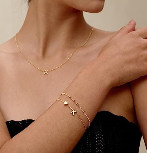 DearMay Dainty Heart Initial Gold Bracelets for Women Trendy 14K Real Gold Jewelry