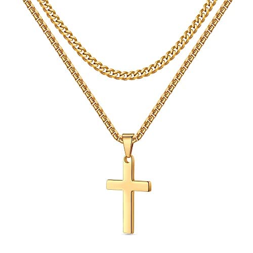 Ailetop Black Silver Gold Cross Necklace, Men's Stainless Steel Rope Chain, 16-24 Inch