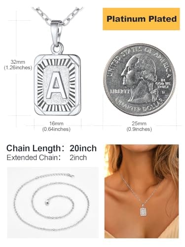 Zinc-plated Initial Square Necklace A-Z, 18K Gold Plated, Resizable 20-22" Chain, Women & Men
