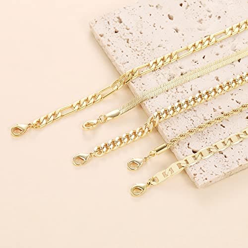 DEARMAY 14K Gold Plated Dainty Ankle Bracelets Set - Waterproof Herringbone Cuban Chain Pack