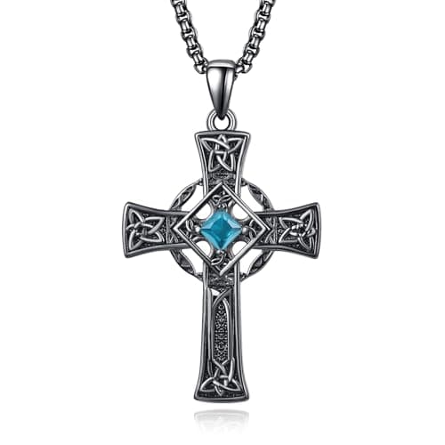 Admetus Sterling Silver Celtic Cross Necklace for Men with Birthstone Chain
