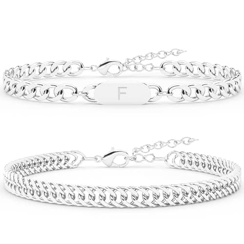 AOSPkle 2PC Initial Letter Cuban Bracelet, A-Z Pendant Stainless Steel Silver Chain for Men and Women