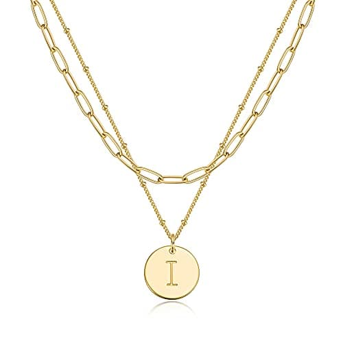 MEVECCO 18K Gold Plated Double Layered Initial Necklace Gift for Women