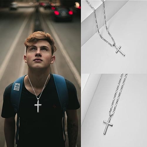 Gerojery Men's 925 Sterling Silver Cross Necklace with Strong Figaro Chain, 14.8g, 22+2 Inches