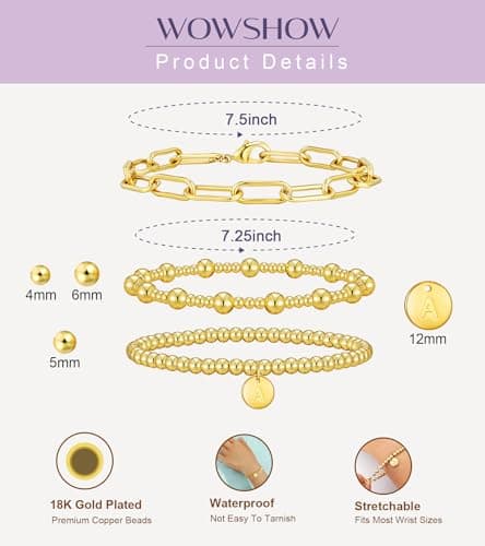 Wowshow 14K Gold Plated Strand Beaded Initial Bracelet Set for Women