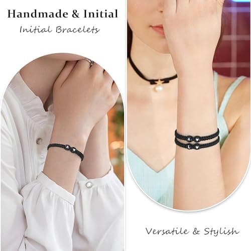 Aospkle Initial Letter Bracelet, Personalized Black Heart Jewelry Gift