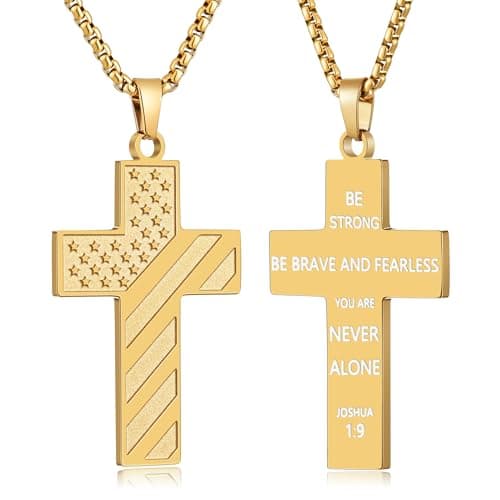 Fiusem American Flag Cross Chain Necklace, Stainless Steel for Men