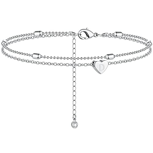 Moodear Silver Anklets for Women - Waterproof Layered Heart Charm Anklet