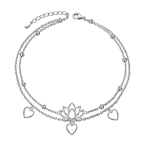 Flyow Sterling Silver Heart Charm Adjustable Anklet for Women