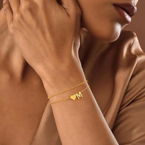 Initial Heart Gold Bracelets - Layered Beaded Charm Gifts for Women