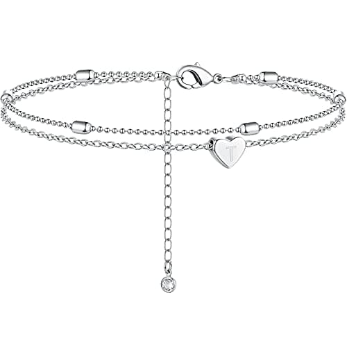 Moodear Silver Anklets for Women - Waterproof Layered Heart Charm Anklet