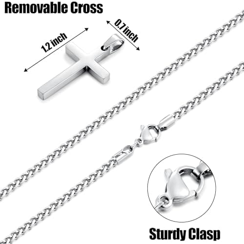 Fiusem Men's Silver Tone Cross Necklace, Stainless Steel Wheat Chain, 16-24 Inch