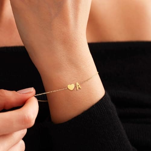 NOMOKOS Heart Initial Bracelets for Women - 18K Gold Plated Dainty A-Z Gifts