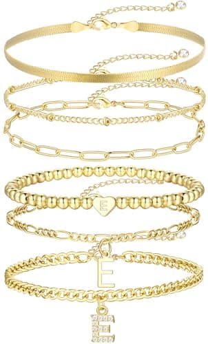 14K Gold Plated Initial Bracelet Set, Dainty & Stackable for Women