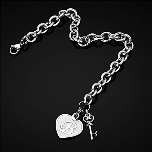 Stainless Steel Engraved Heart Initial Bracelet - Birthday Christmas Gift for Women & Teen Girls
