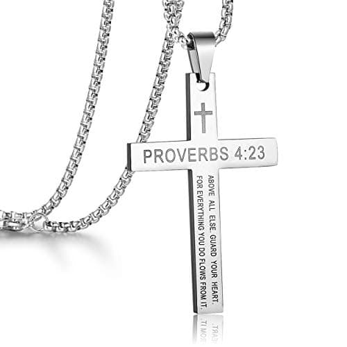 Stainless Steel Cross Pendant Necklaces with Proverbs 4:23 for Men or Women (24 Inch Chain)