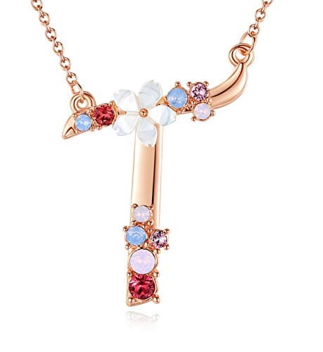 GEMMANCE Pink Red Blue Simulated Pearl Pendant Initial Letter Necklace Rose Gold Plated Anniversary Gifts for Women