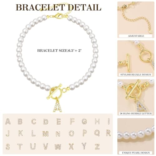 Btysun Initial Bracelets for Women, Pearl Gift for Mom, Best Friend Birthday Jewelry