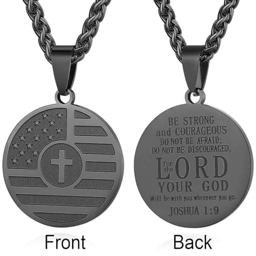 American Flag Cross Necklace for Men, Stainless Steel & Bible Verse, 24 Inches Wheat Chain