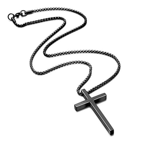 Men's Stainless Steel Cross Pendant Necklace, Silver Black Gold, 16-30 Inches Box Chain