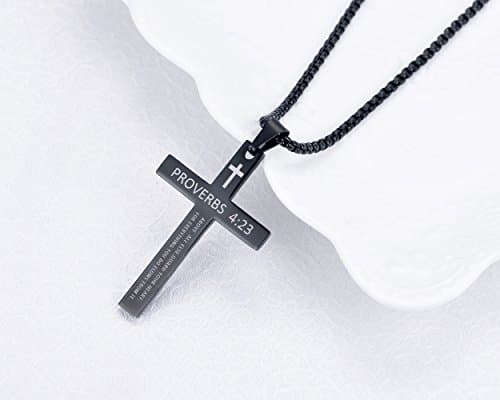 Stainless Steel Cross Pendant Necklaces with Proverbs 4:23 for Men or Women (24 Inch Chain)