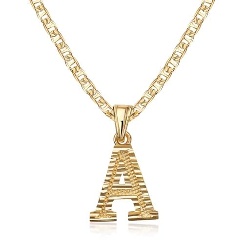 Barzel 18K Gold Plated Diamond Cut Initial Necklace, 18" Chain + 2" Ext, Made in Brazil