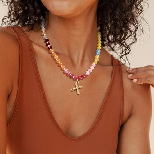Stylish Handmade Colorful Beaded Choker Necklace with Natural Stone Letter Charm Jewelry for Women