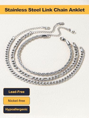 Stainless Steel Cuban Link Anklet Sets for Women, Adjustable 8.5"-10.5"