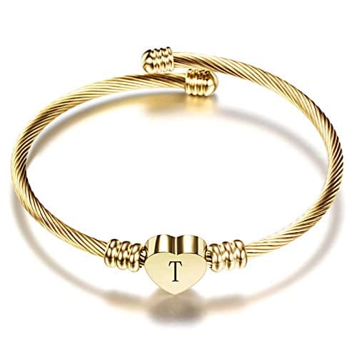Women's Gold Plated Heart Initial C Bracelets Stainless Steel Birthday Jewelry