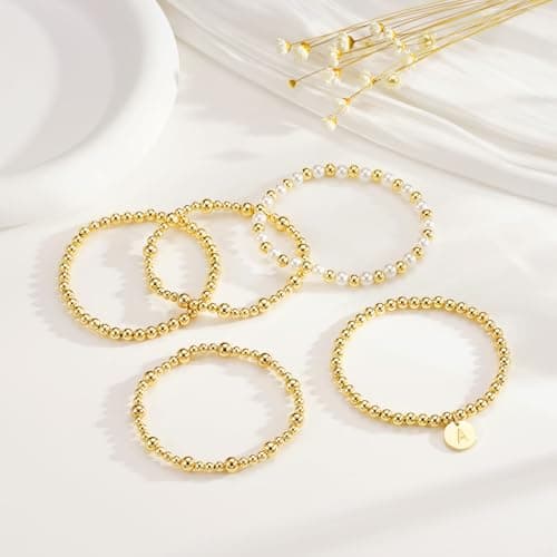 VULETO 18K Gold Plated A-Z Initial Beadedbracelet Set