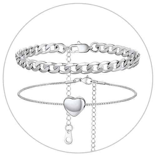 Stainless Steel Cuban Link Anklet Sets for Women, Adjustable 8.5"-10.5"