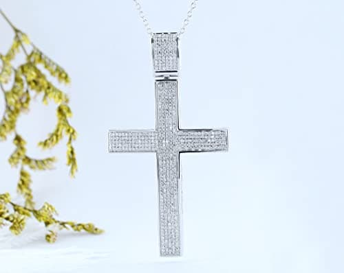 1.00 Carat Round White Diamond Cross Pendant for Unisex with Silver Chain