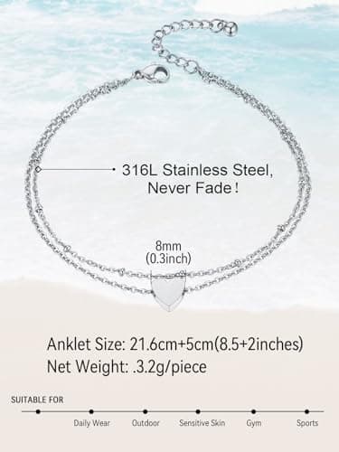 FaithHeart Women's Silver Stainless Steel Anklets(luaan link/beaded/Figaro) Summer Beach Jewelry, Adjustable & Waterproo