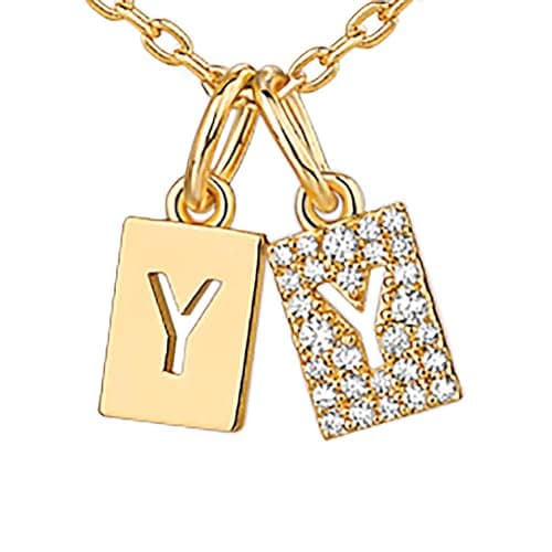 PavoI 14K Gold Plated Initial Double Dog Tag CZ Necklace for Women