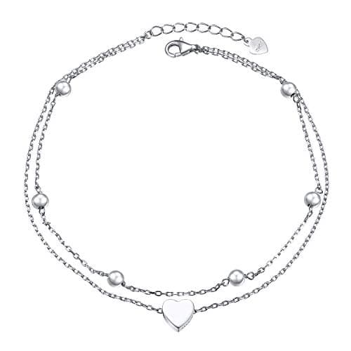 Flyow Sterling Silver Heart Charm Adjustable Anklet for Women