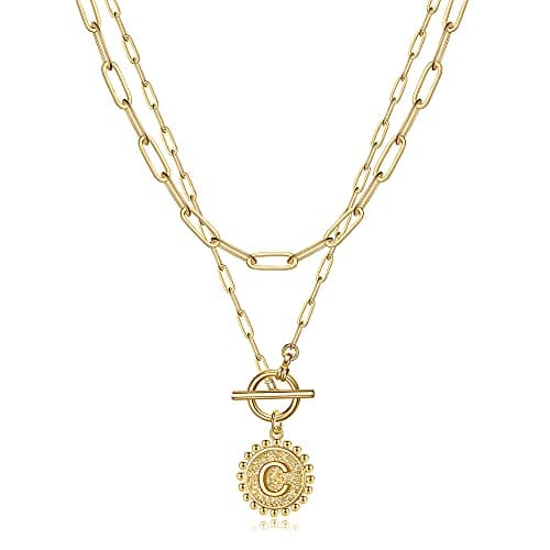 Turandoss Gold Plated Layered Necklace for Women Coin Initial Pendant