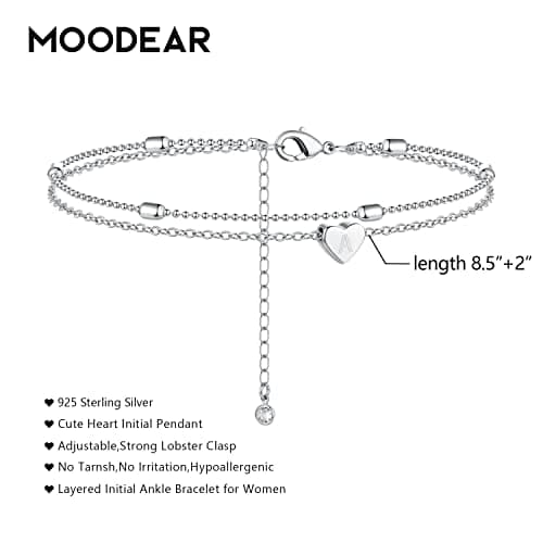 Moodear Silver Anklets for Women - Waterproof Layered Heart Charm Anklet