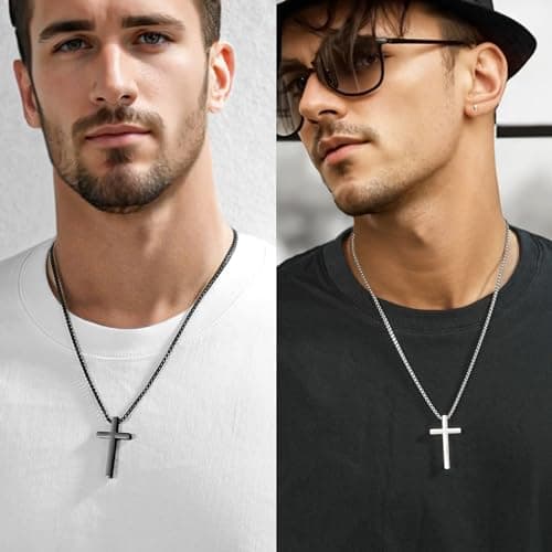 IPSANA Silver & Black Cross Necklace for Men, 16-30 inches Stainless Steel Pendant Jewelry