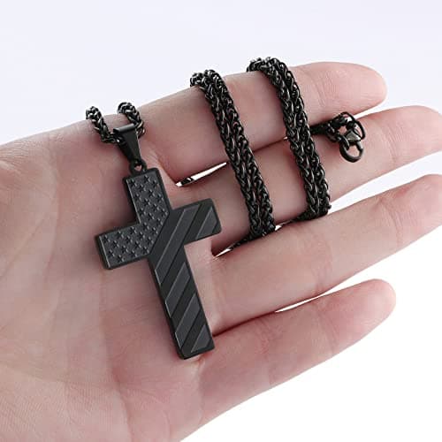 DuoDiner Graduation Gifts: 24-Inch Cross Necklace for Men, Boys, Kids Bible Verse American Flag Pendant