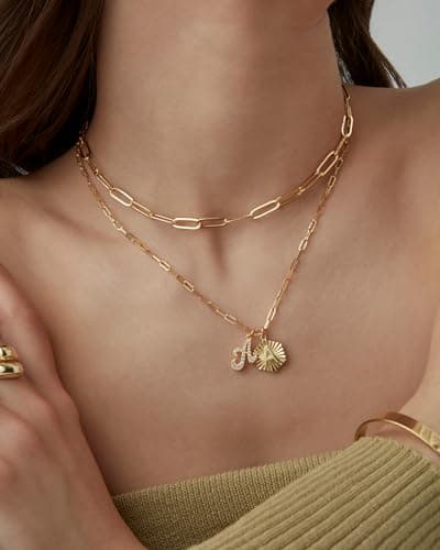 PavoI 14K Gold Plated Hexagon Initial Pendant Layered Necklace for Women | Paperclip Chain